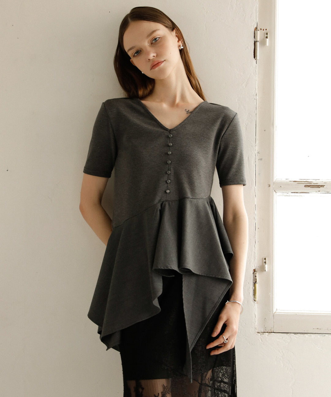 Peplum Henry Half Sleeve Tops