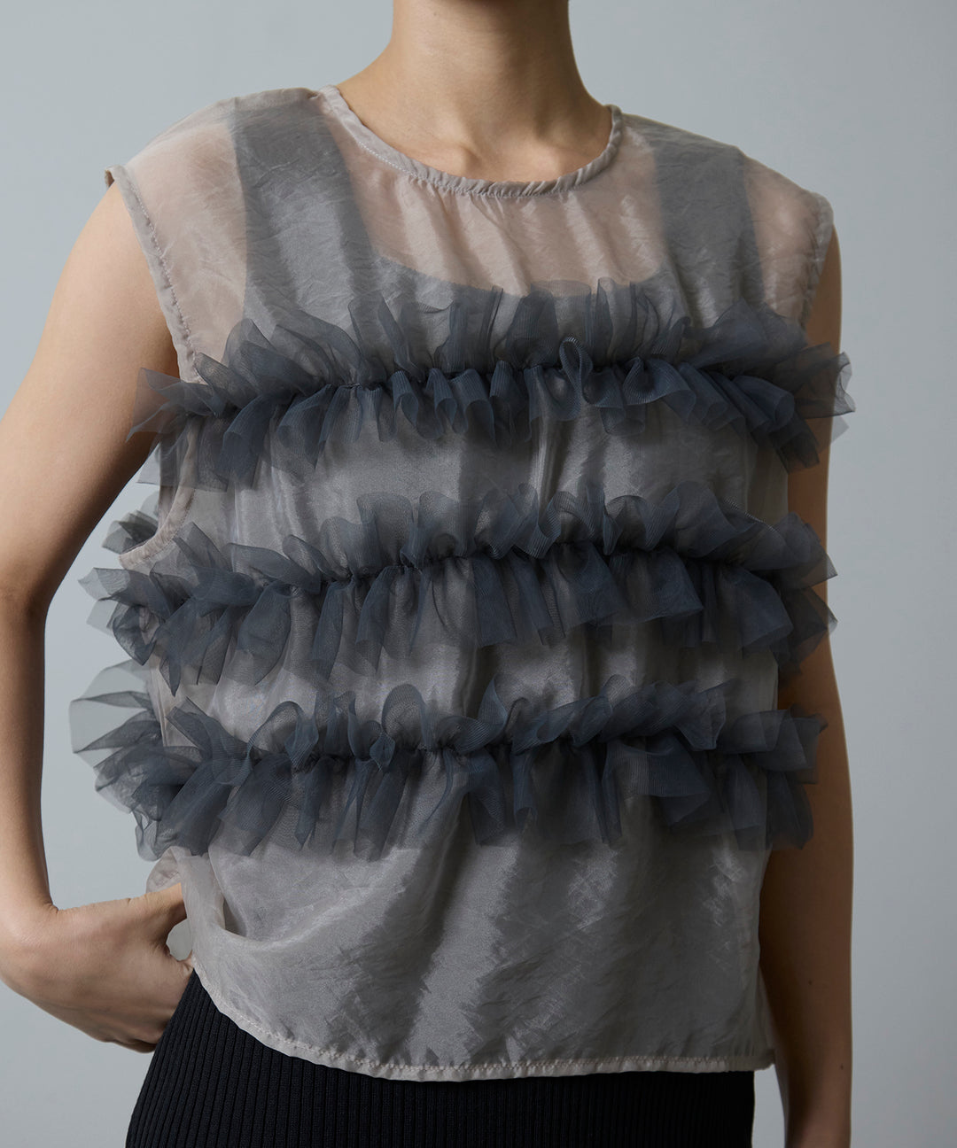 [2SET]Sheer Frill Bustier + Rib Knit Onepiece