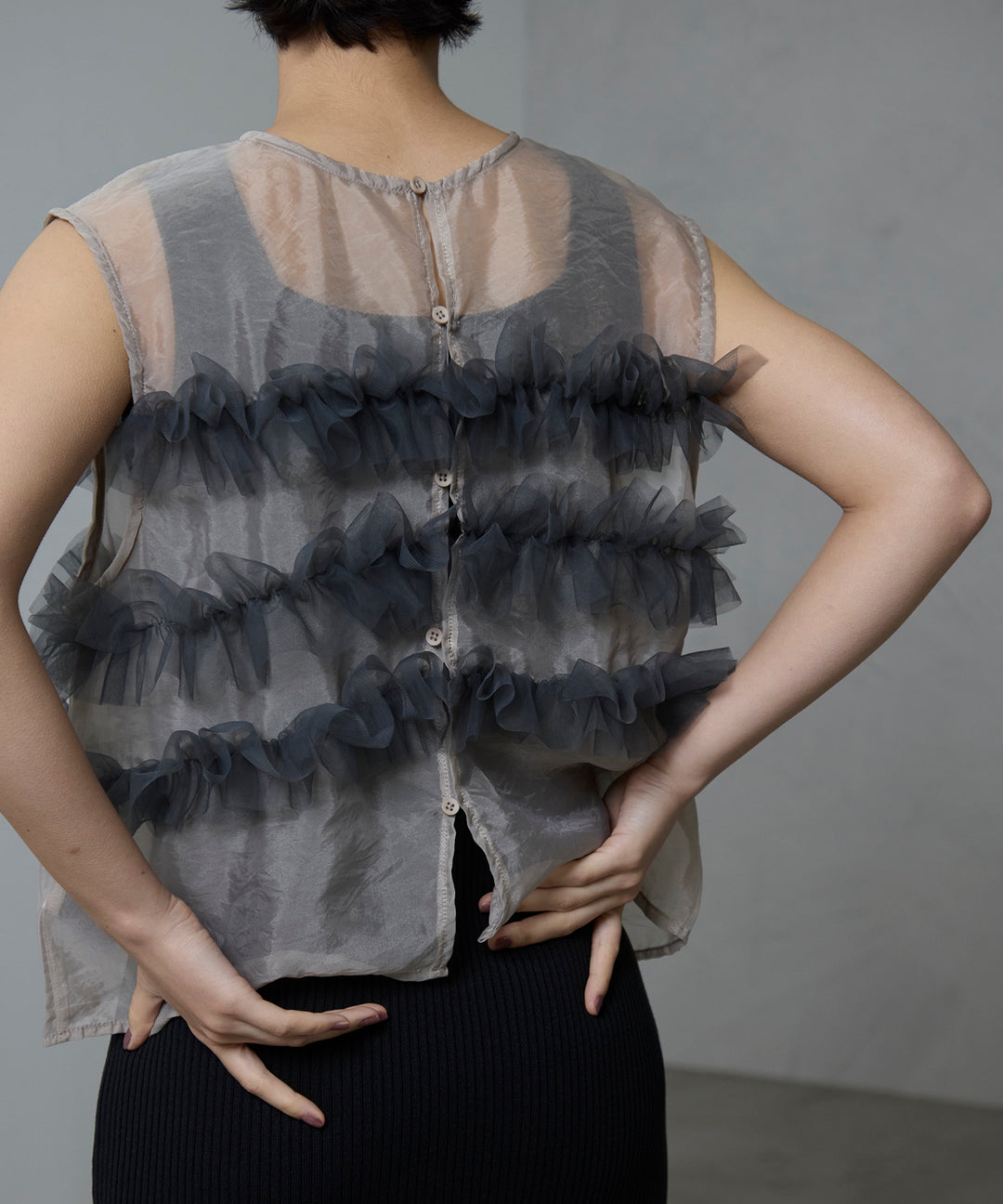 [2SET]Sheer Frill Bustier + Rib Knit Onepiece