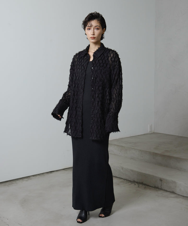 [2SET]Fringe Sheer Shirt + Rib Knit Onepiece