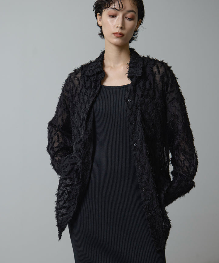 [2SET]Fringe Sheer Shirt + Rib Knit Onepiece