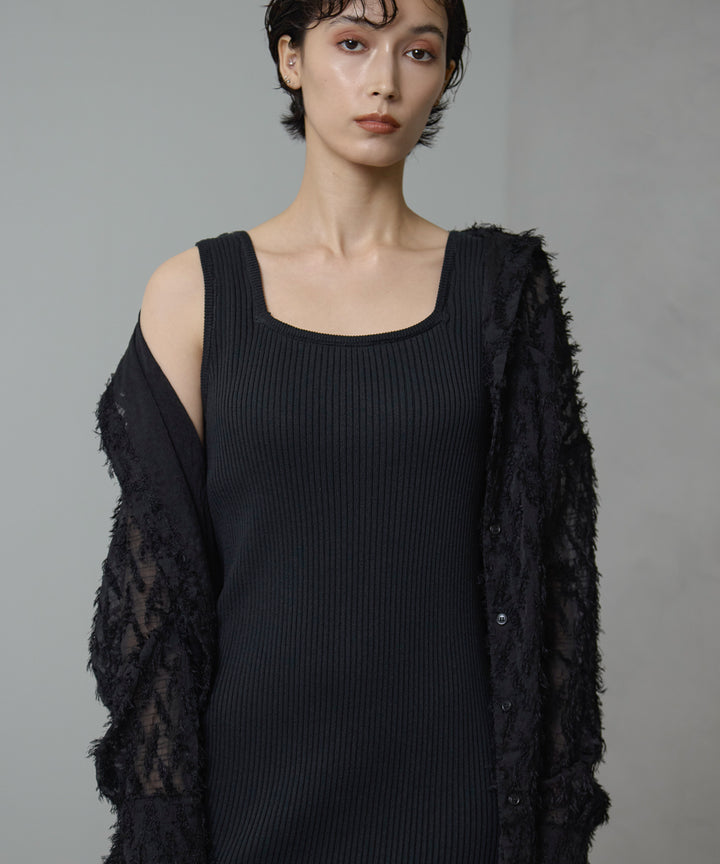 [2SET]Fringe Sheer Shirt + Rib Knit Onepiece