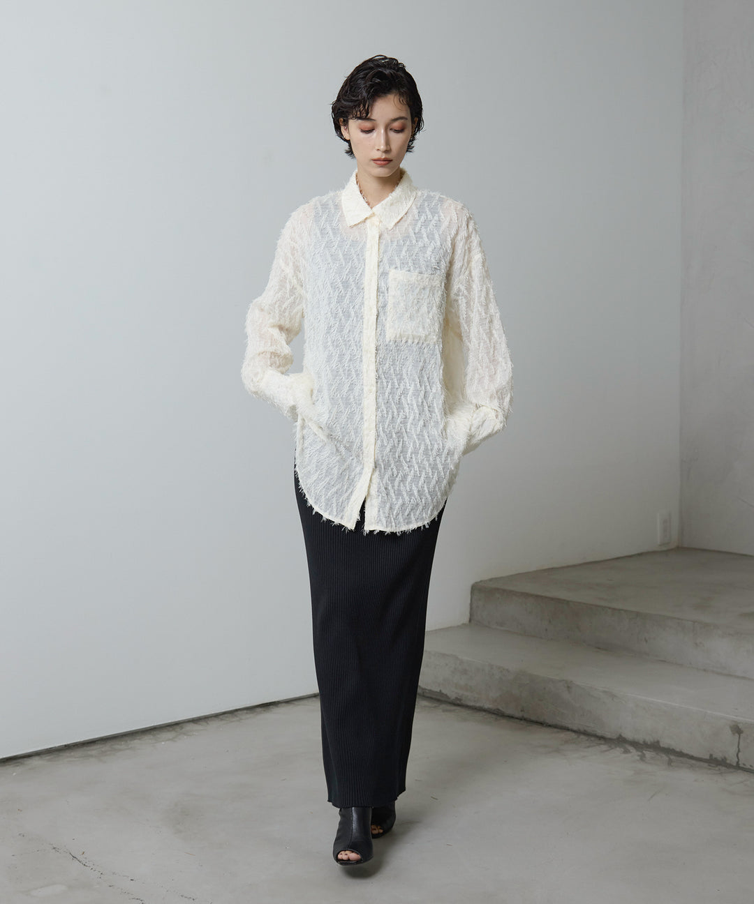 [2SET]Fringe Sheer Shirt + Rib Knit Onepiece