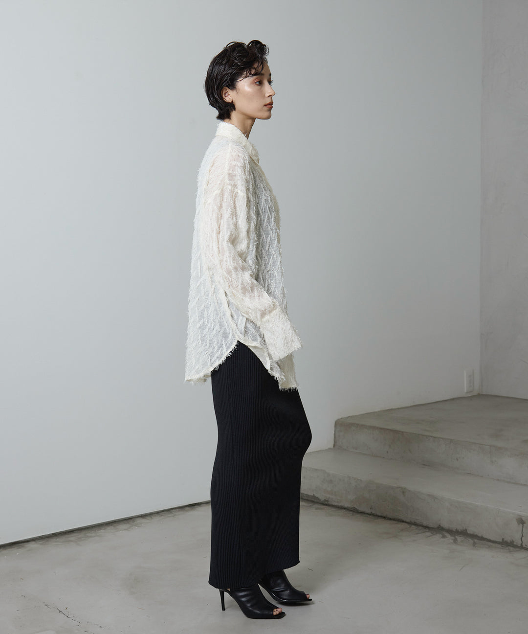 [2SET]Fringe Sheer Shirt + Rib Knit Onepiece