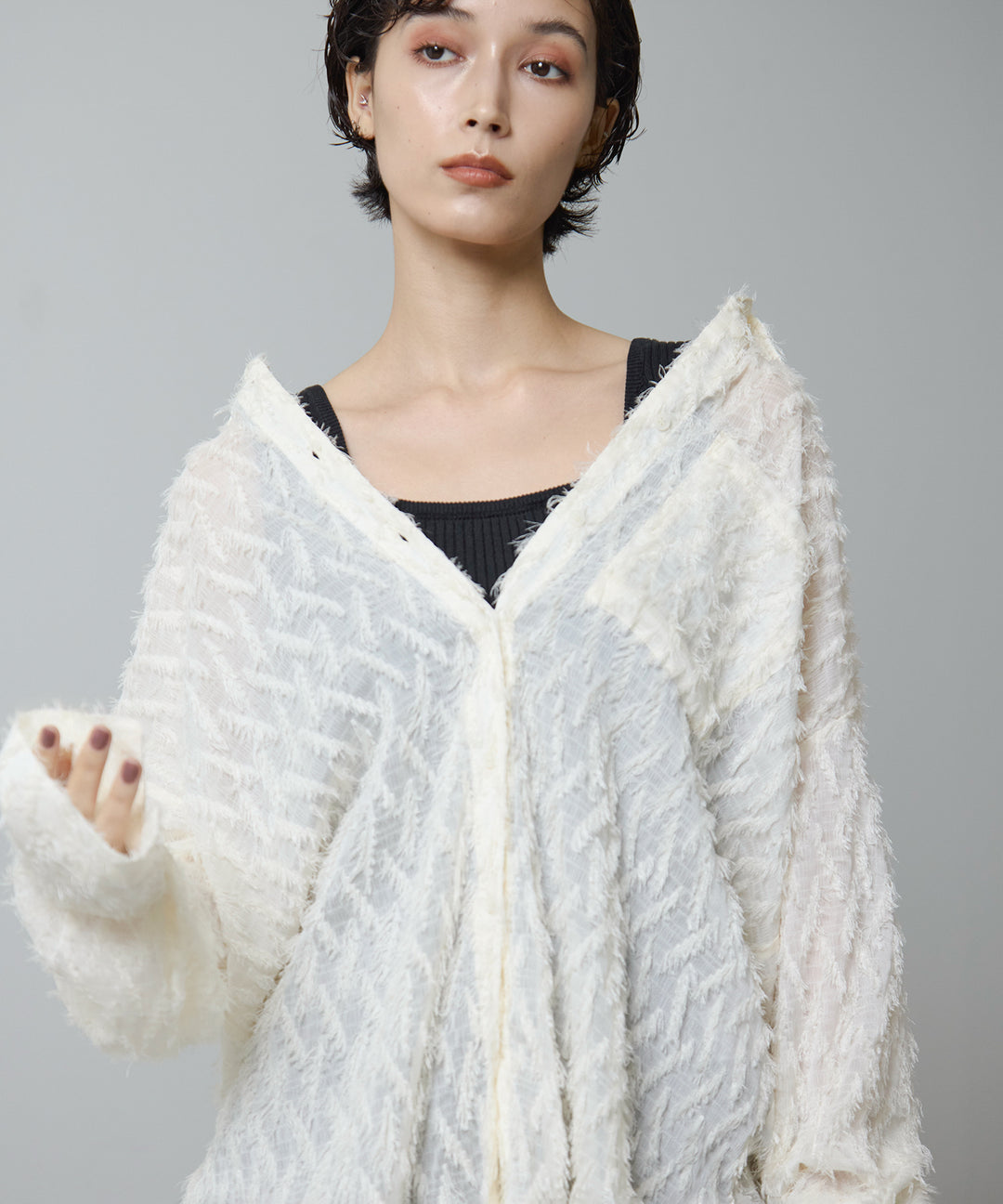 [2SET]Fringe Sheer Shirt + Rib Knit Onepiece