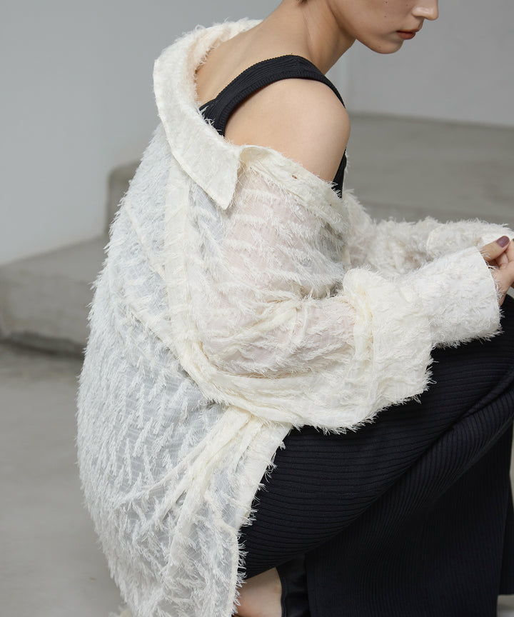 [2SET]Fringe Sheer Shirt + Rib Knit Onepiece