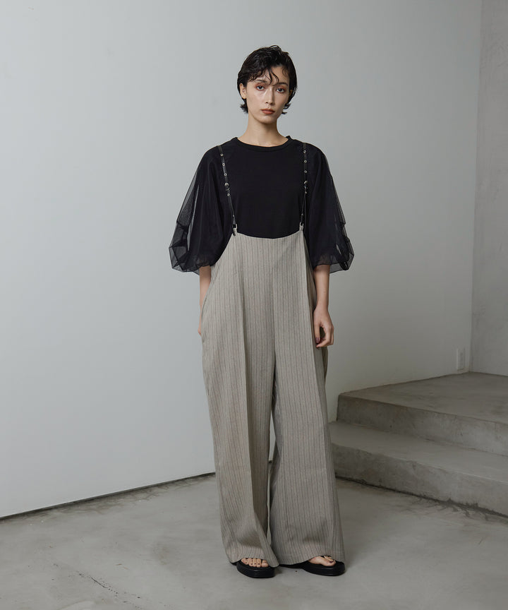 [2SET]Balloon Sleeve Tee + Slim Strap Pinstripe PT