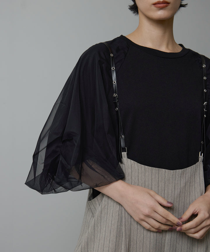 [2SET]Balloon Sleeve Tee + Slim Strap Pinstripe PT