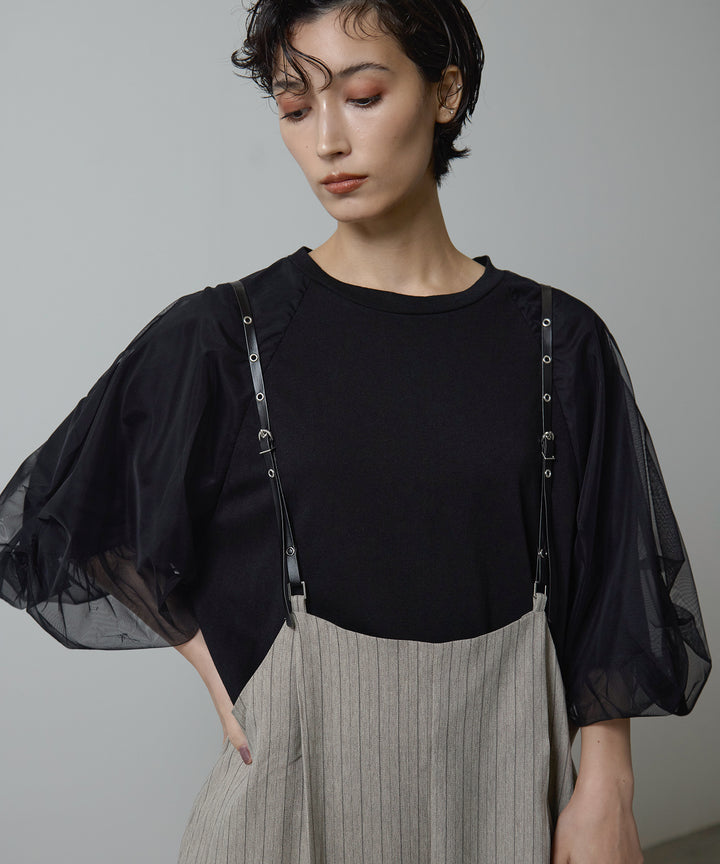 [2SET]Balloon Sleeve Tee + Slim Strap Pinstripe PT