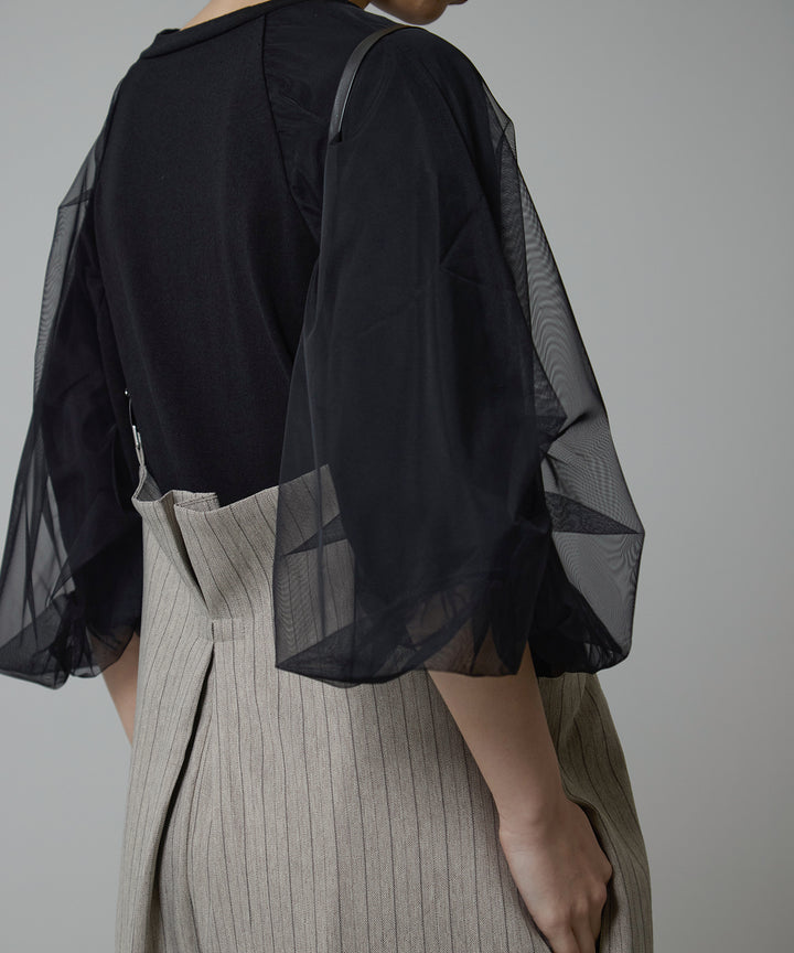 [2SET]Balloon Sleeve Tee + Slim Strap Pinstripe PT