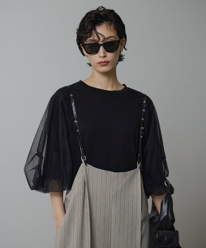 [2SET]Balloon Sleeve Tee + Slim Strap Pinstripe PT