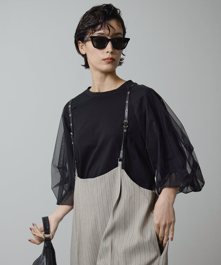 [2SET]Balloon Sleeve Tee + Slim Strap Pinstripe PT
