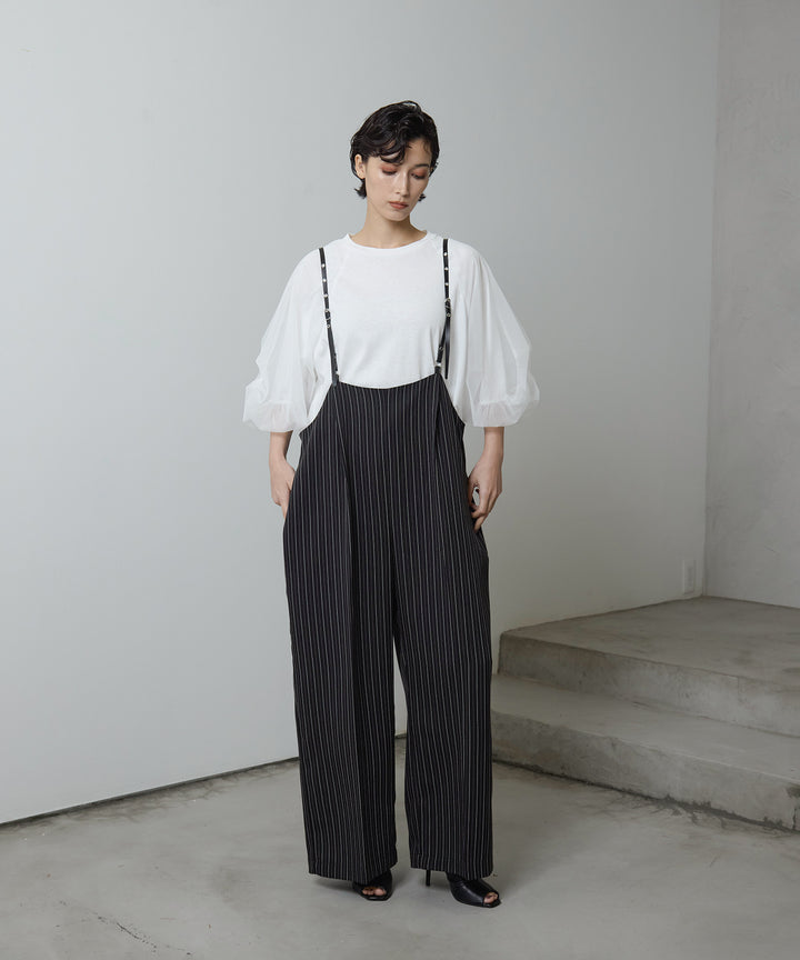 [2SET]Balloon Sleeve Tee + Slim Strap Pinstripe PT