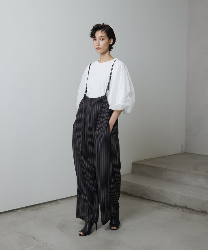[2SET]Balloon Sleeve Tee + Slim Strap Pinstripe PT