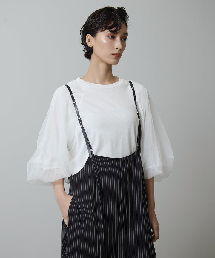 [2SET]Balloon Sleeve Tee + Slim Strap Pinstripe PT