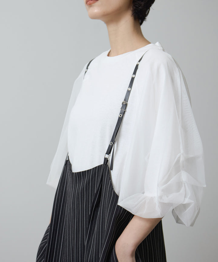 [2SET]Balloon Sleeve Tee + Slim Strap Pinstripe PT