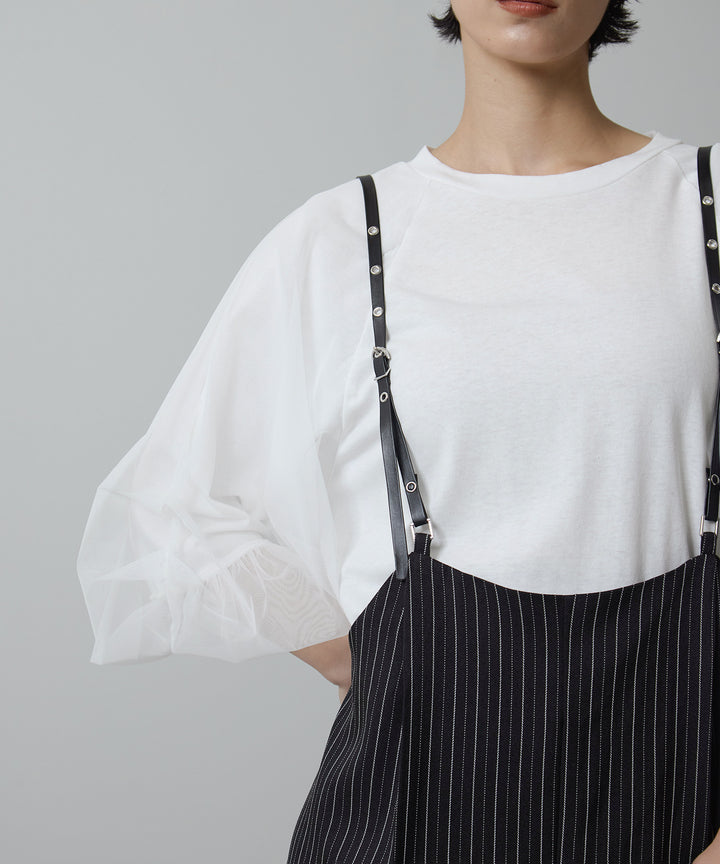 [2SET]Balloon Sleeve Tee + Slim Strap Pinstripe PT