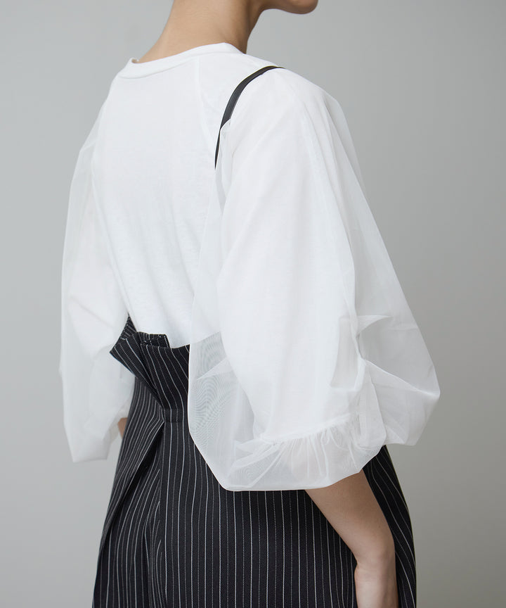 [2SET]Balloon Sleeve Tee + Slim Strap Pinstripe PT
