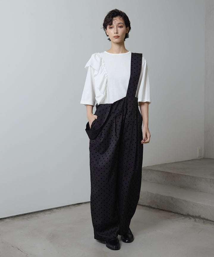 [2SET]Asymmetry Frill Over Tee + Wide Strap Dot Saropetto