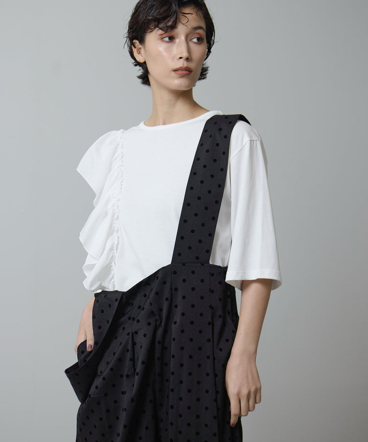 [2SET]Asymmetry Frill Over Tee + Wide Strap Dot Saropetto