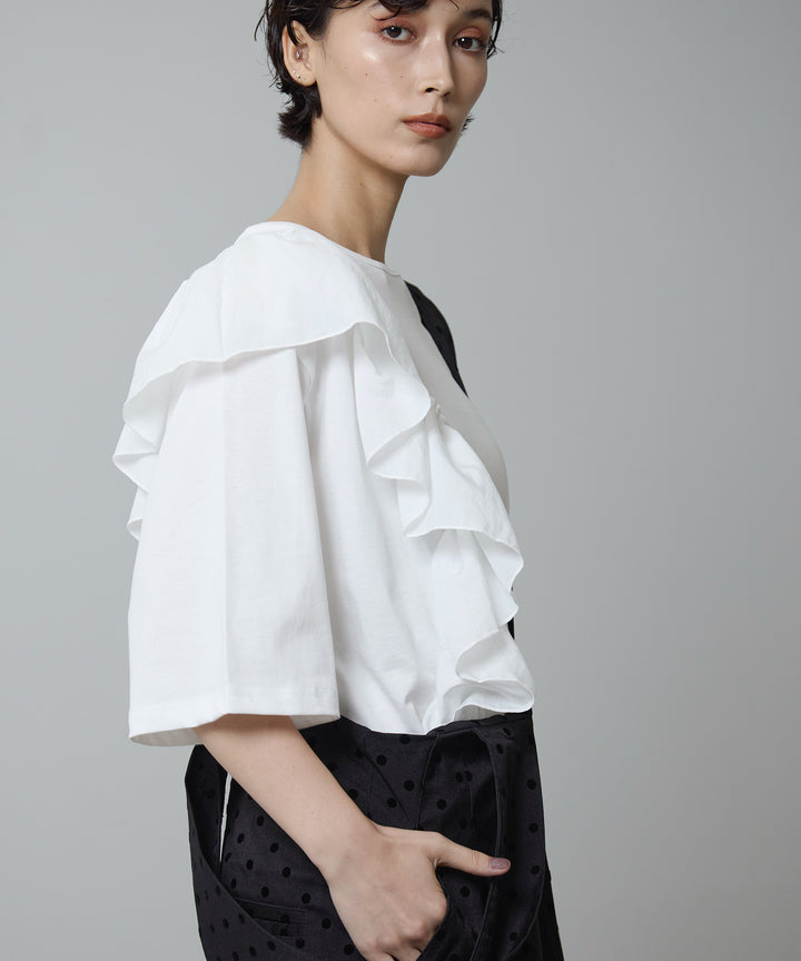 [2SET]Asymmetry Frill Over Tee + Wide Strap Dot Saropetto