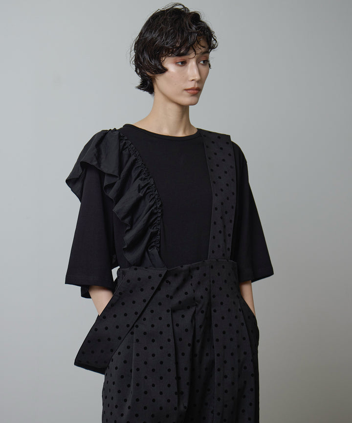 [2SET]Asymmetry Frill Over Tee + Wide Strap Dot Saropetto