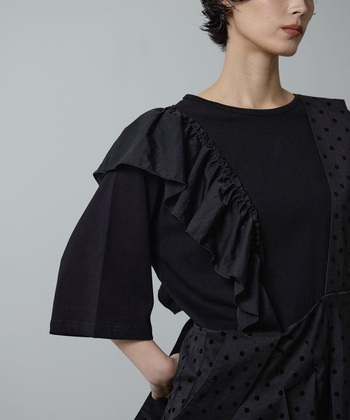 [2SET]Asymmetry Frill Over Tee + Wide Strap Dot Saropetto