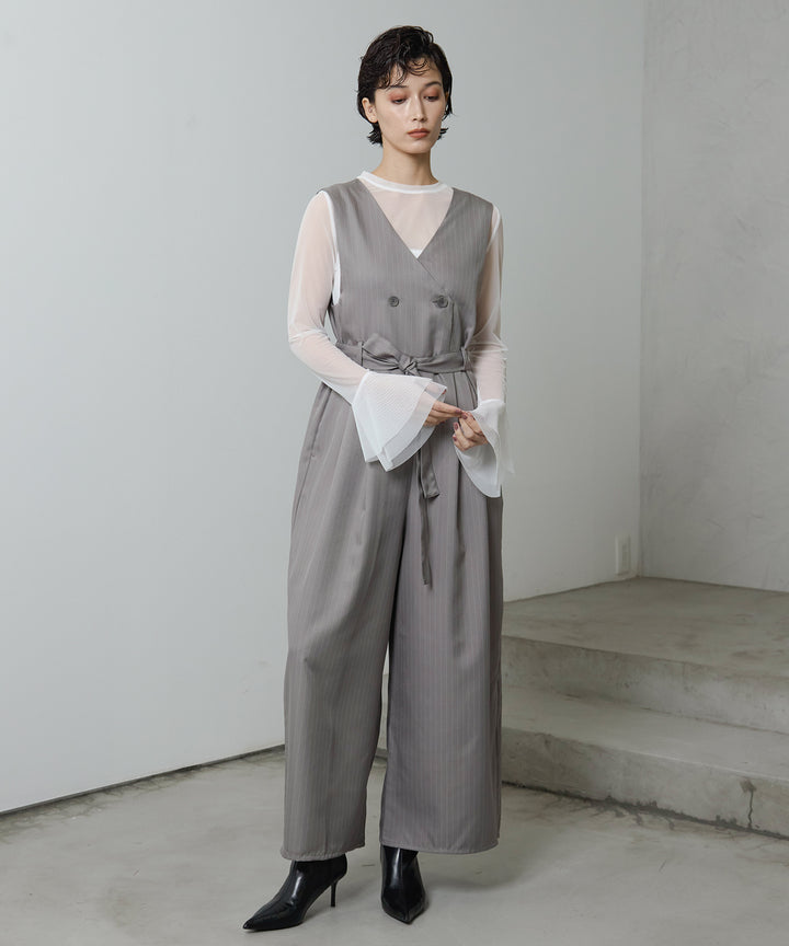 [2SET]Mesh Sheer Bell Top + Pinstripe Double Combinaison