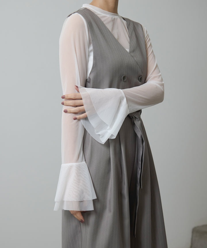 [2SET]Mesh Sheer Bell Top + Pinstripe Double Combinaison