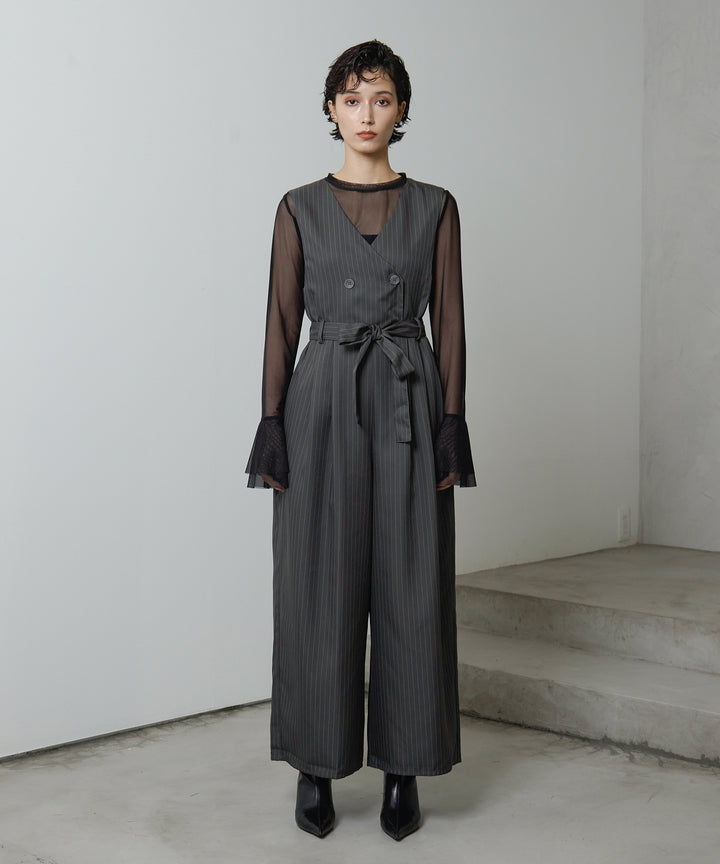 [2SET]Mesh Sheer Bell Top + Pinstripe Double Combinaison