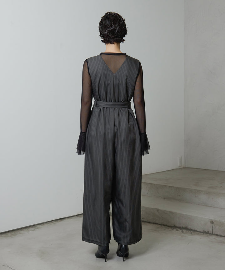 [2SET]Mesh Sheer Bell Top + Pinstripe Double Combinaison