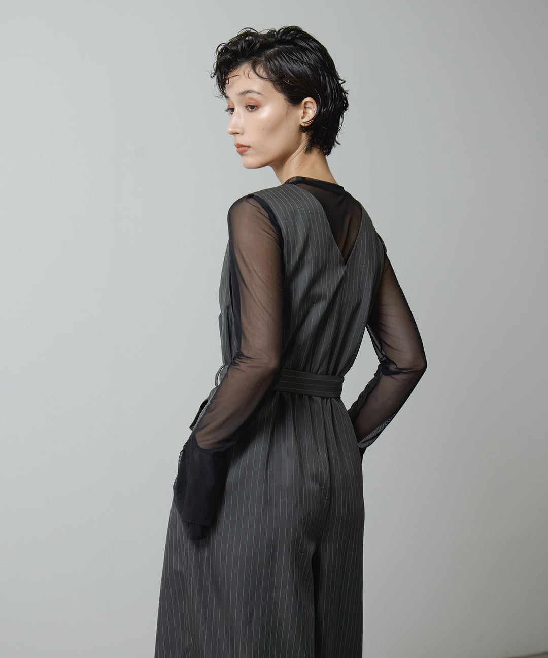 [2SET]Mesh Sheer Bell Top + Pinstripe Double Combinaison