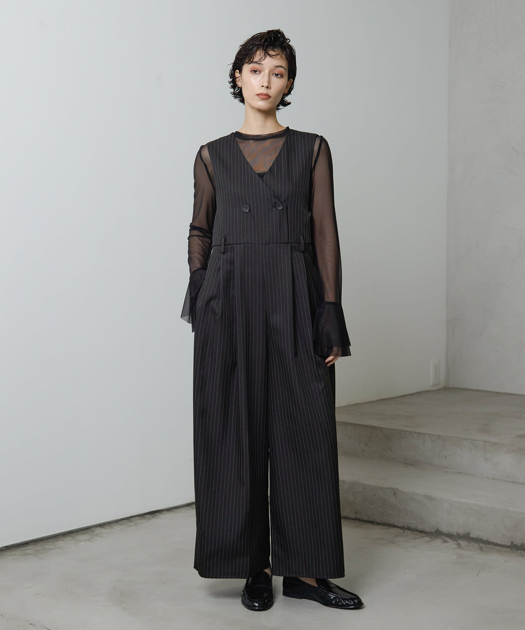 [2SET]Mesh Sheer Bell Top + Pinstripe Double Combinaison