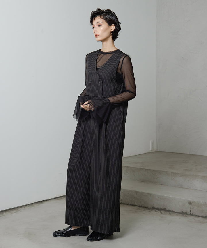 [2SET]Mesh Sheer Bell Top + Pinstripe Double Combinaison