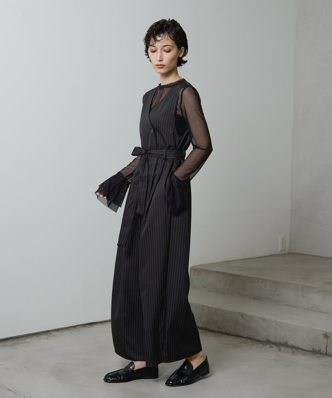 [2SET]Mesh Sheer Bell Top + Pinstripe Double Combinaison