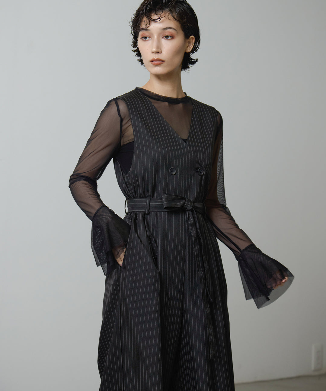 (eliuu)Mesh Sheer Bell Top