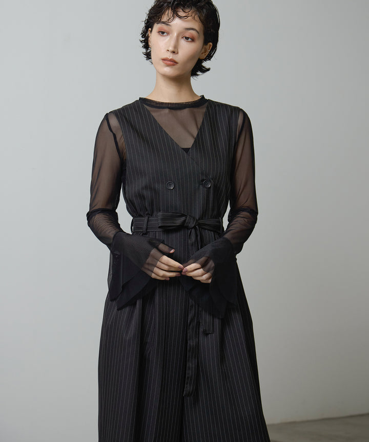 [2SET]Mesh Sheer Bell Top + Pinstripe Double Combinaison