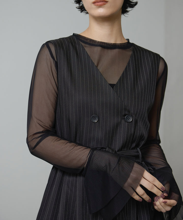 [2SET]Mesh Sheer Bell Top + Pinstripe Double Combinaison
