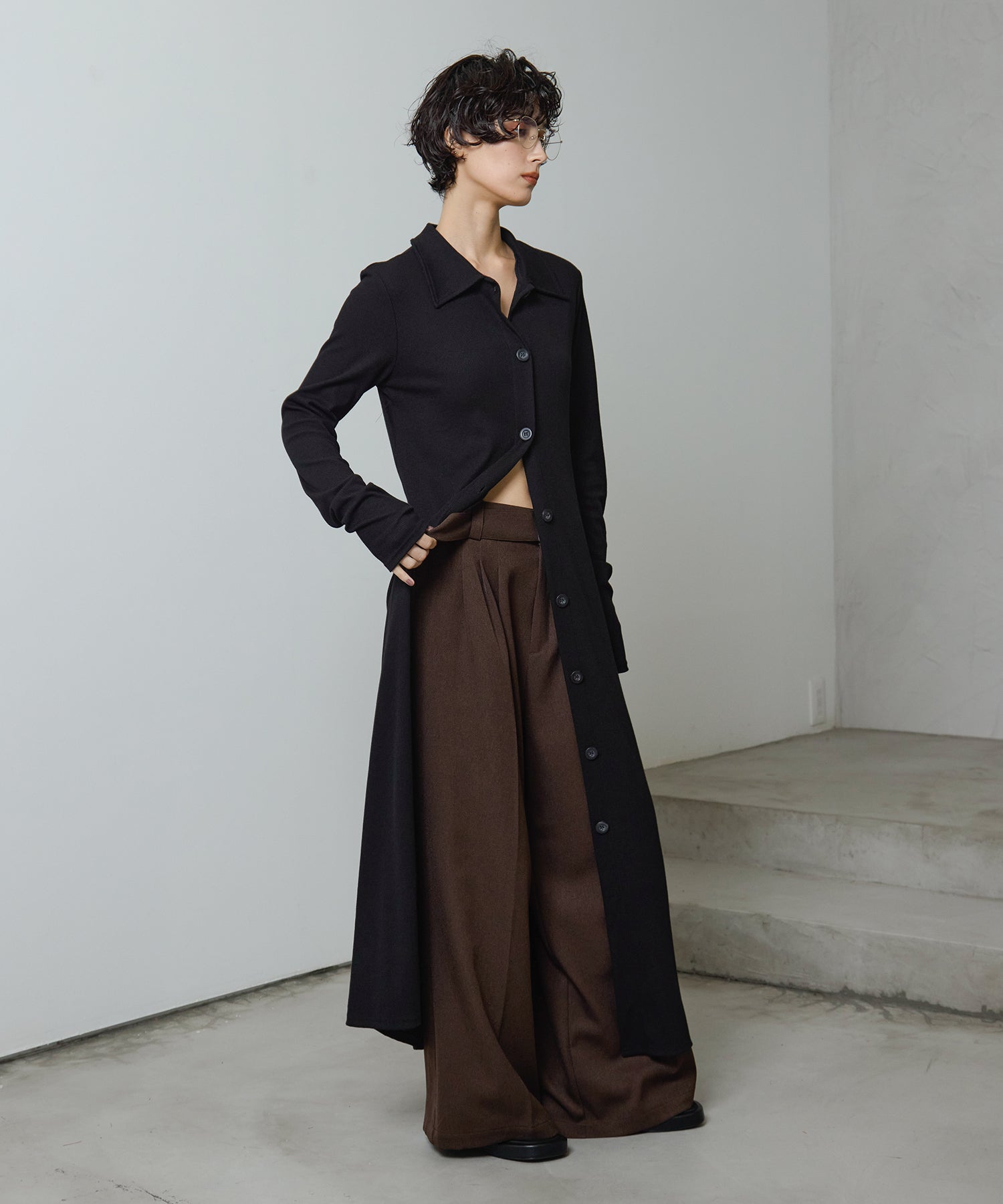 2SET]Polo Cardigan Onepiece + Twill Tuck Belt Slacks – MIELI