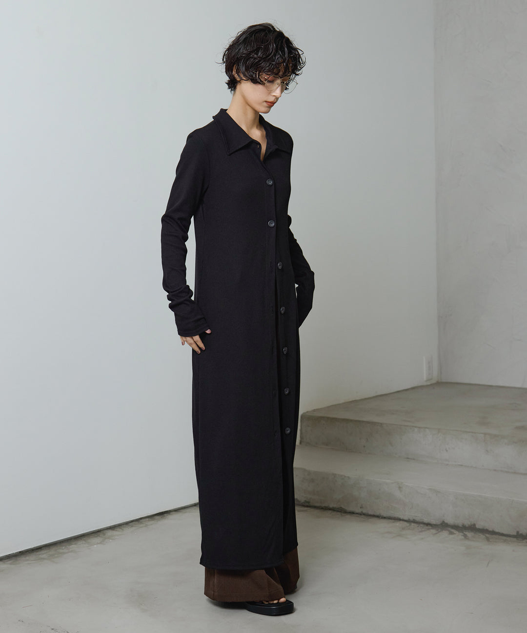 [2SET]Polo Cardigan Onepiece + Twill Tuck Belt Slacks