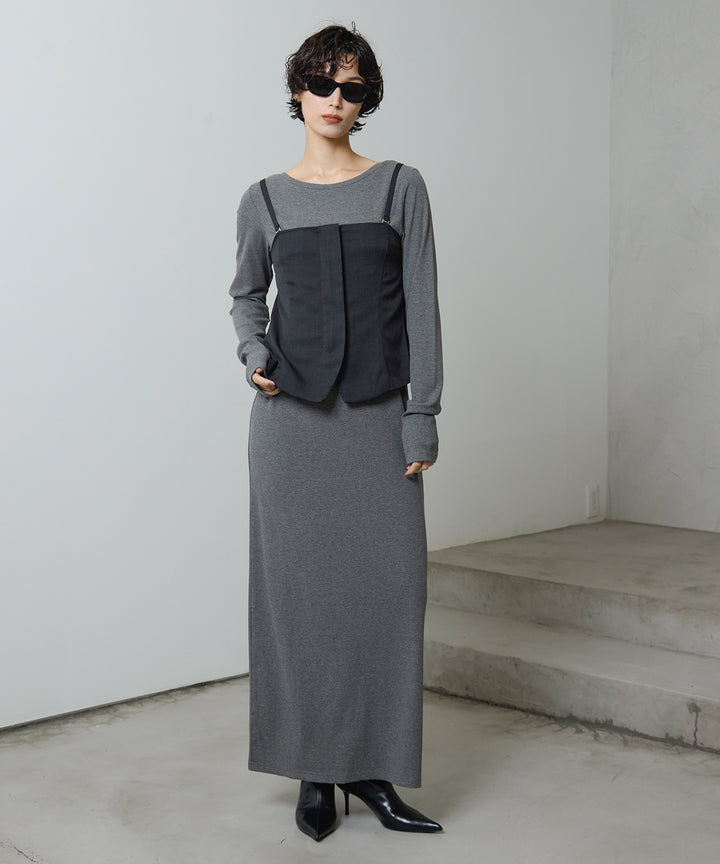 [2SET]Zip Camisole Bustier + Rib Long Sleeve Onepiece