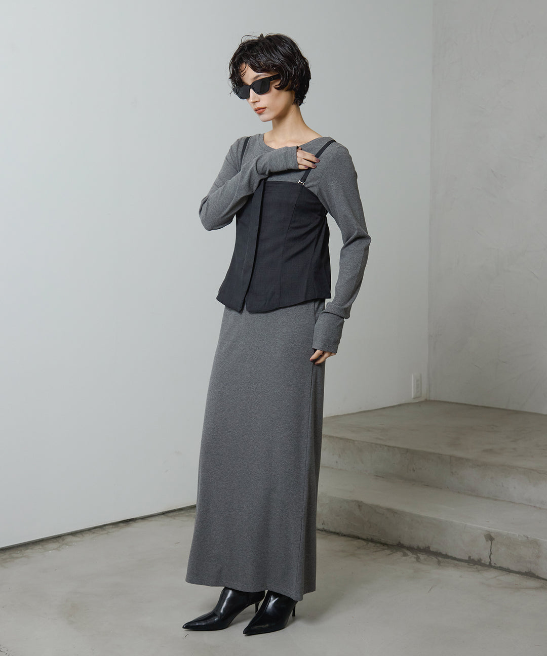 [2SET]Zip Camisole Bustier + Rib Long Sleeve Onepiece