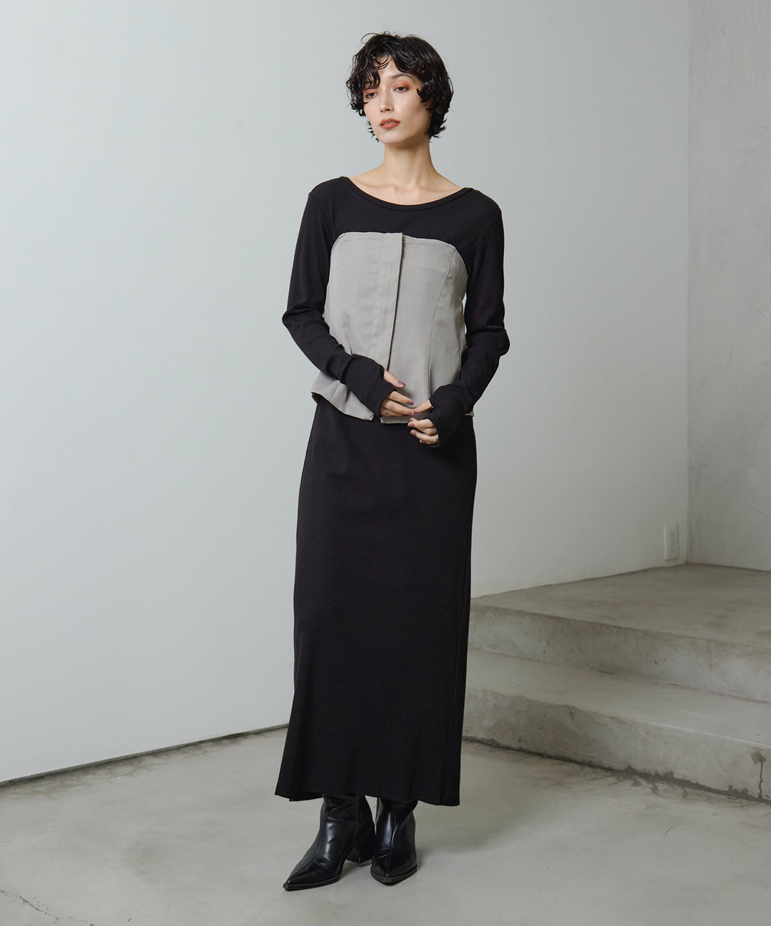(eliuu)Rib Long Sleeve Onepiece