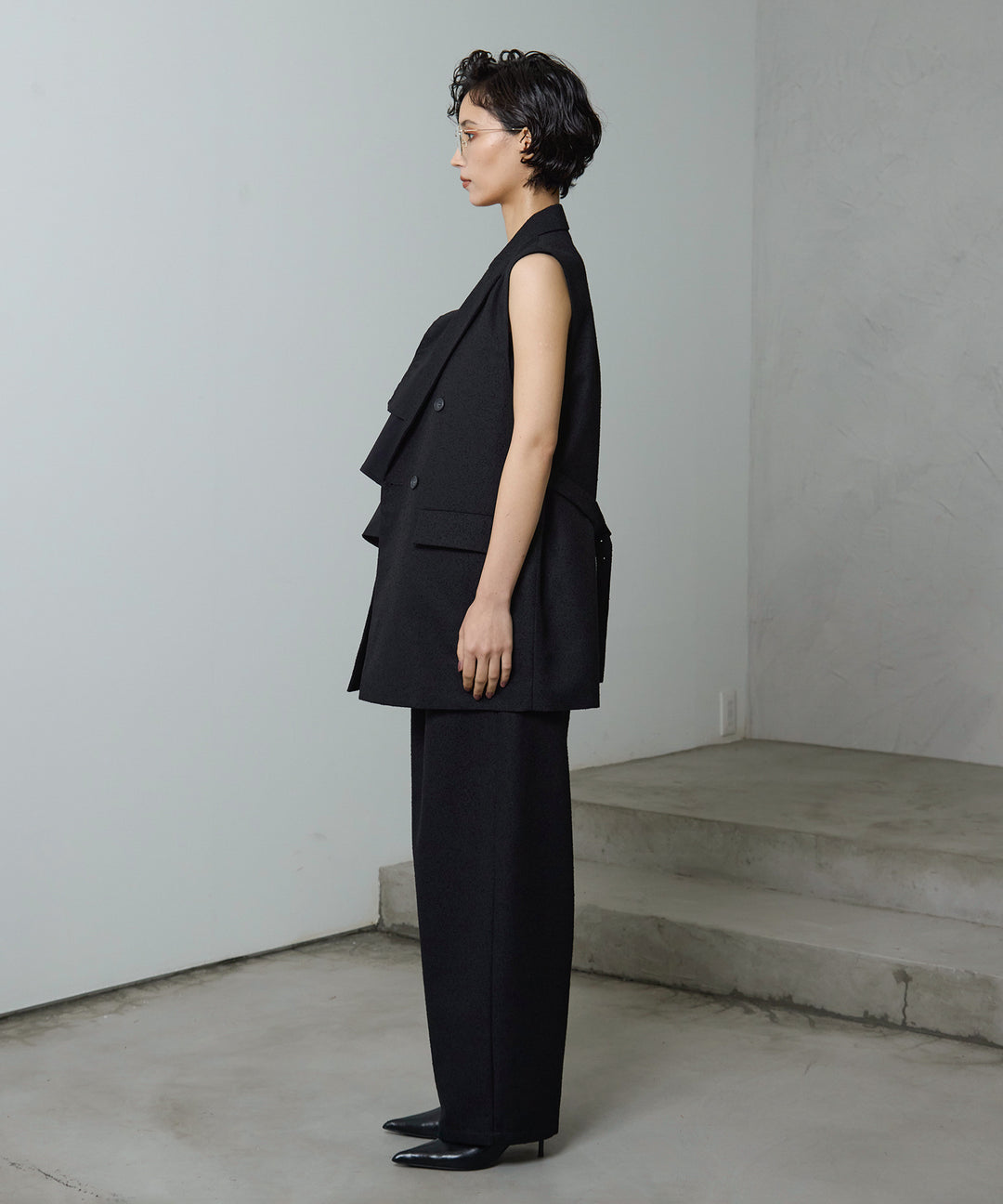 [3SET]Slub Tweed Gilet + Asymmetry Frill C/A + SlubTweedSlucks