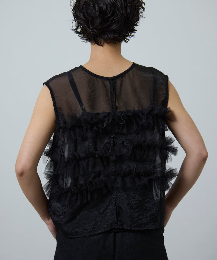 [3SET]Sheer Frill Bustier + Basic Cut Camisole + Slub Tweed Slucks