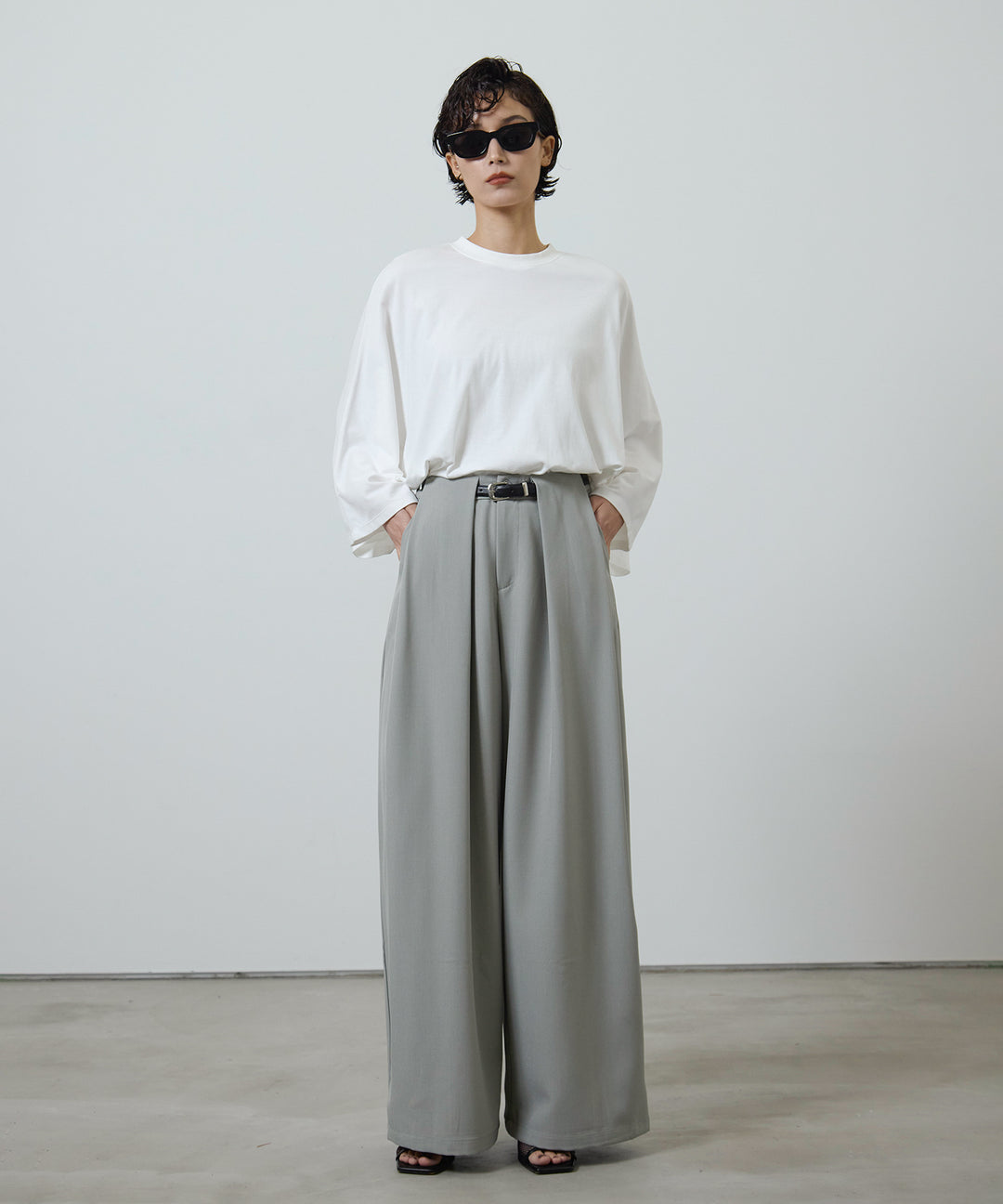 (eliuu)Slim Belt Flare Slacks