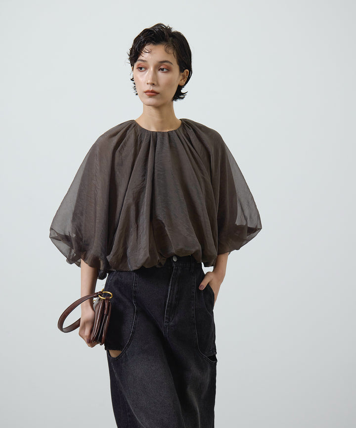 [2SET]Balloon Gather Sheer Blouse + Hole Denim Skirt