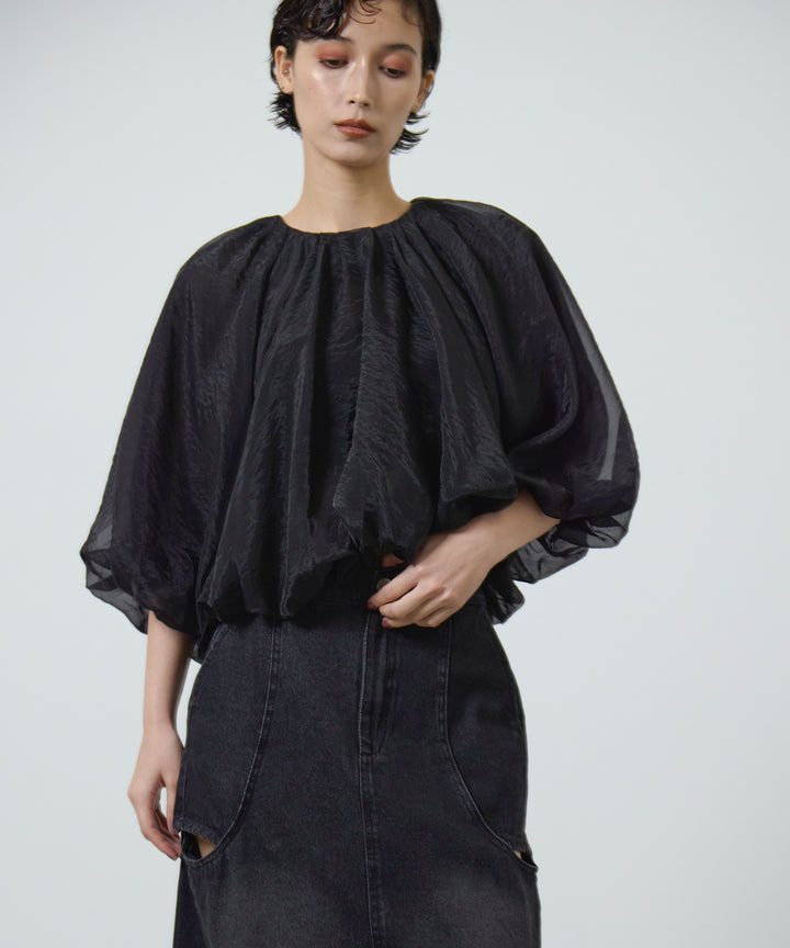 [2SET]Balloon Gather Sheer Blouse + Hole Denim Skirt