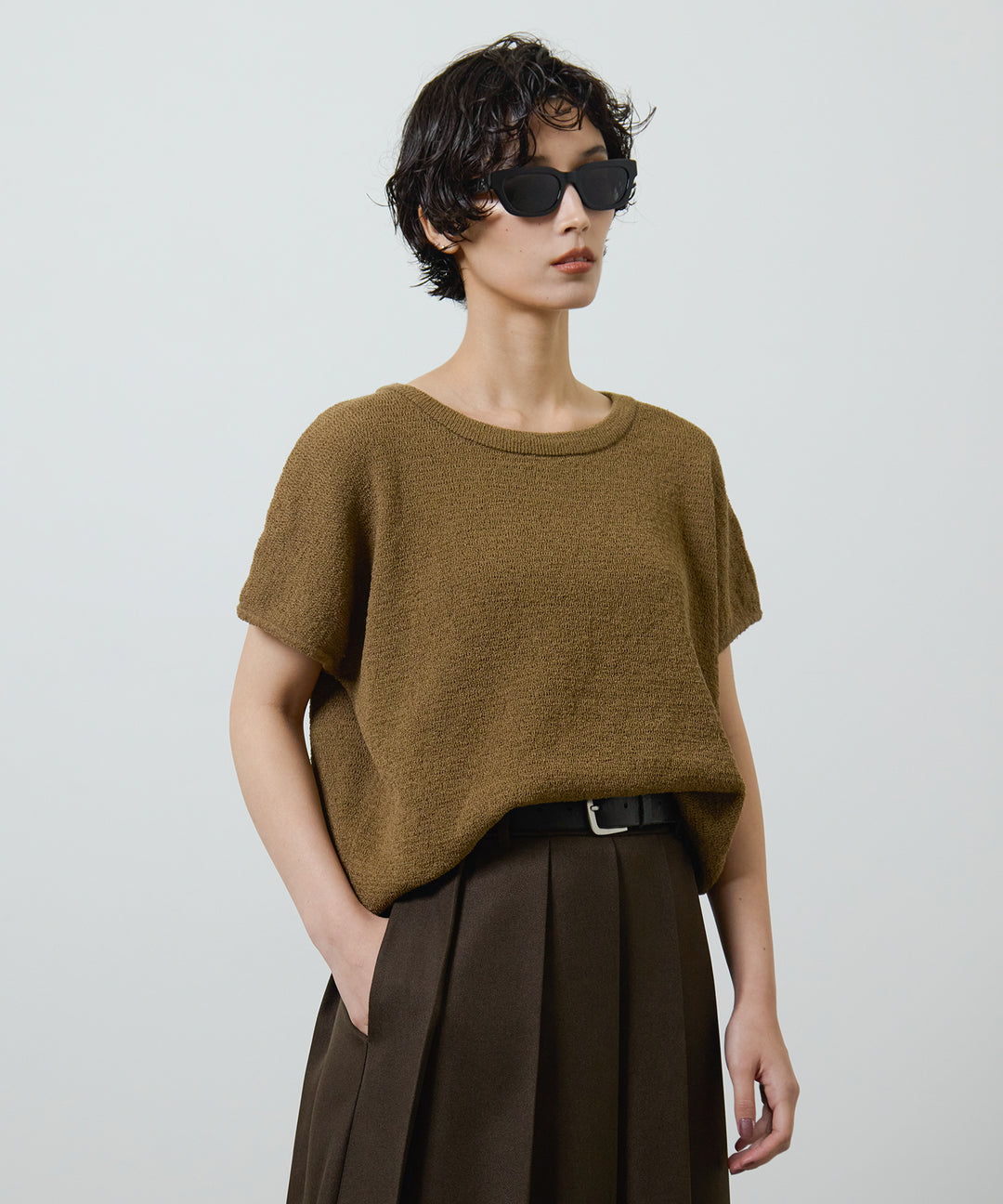 [2SET]Boucle Loose Knit + Pleated Long Skirt