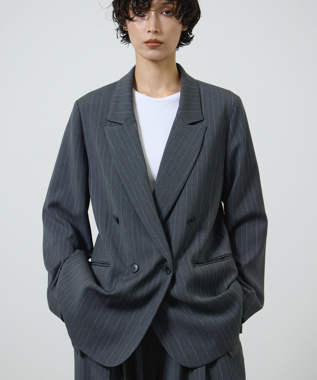 [2SET]Twill Double Jacket + Twill Tuck Belt Slacks